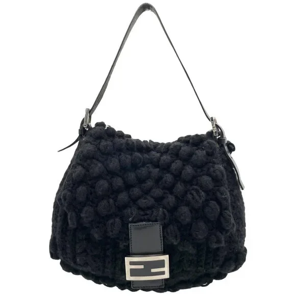 Fendi Black Crochet Wool Knit Mama Baguette Shoulder Bag - Picture 1 of 8